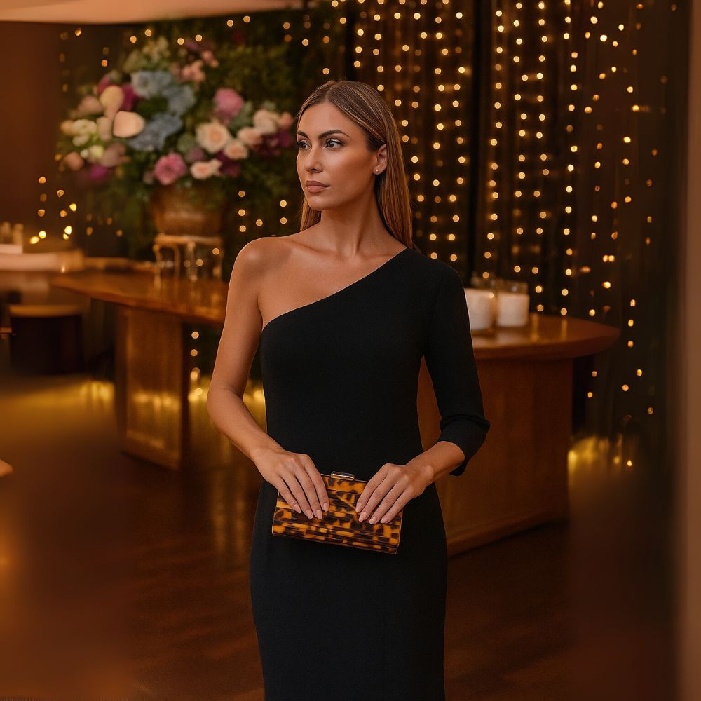 “Elegant woman wearing a black dress holding a Leopard Resin Frame Clutch in a softly lit setting.”