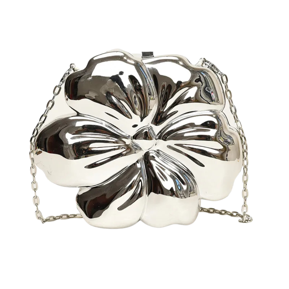 Flora Metallic Acrylic Clutch with Sculpted Petal Design and O-Chain Strap