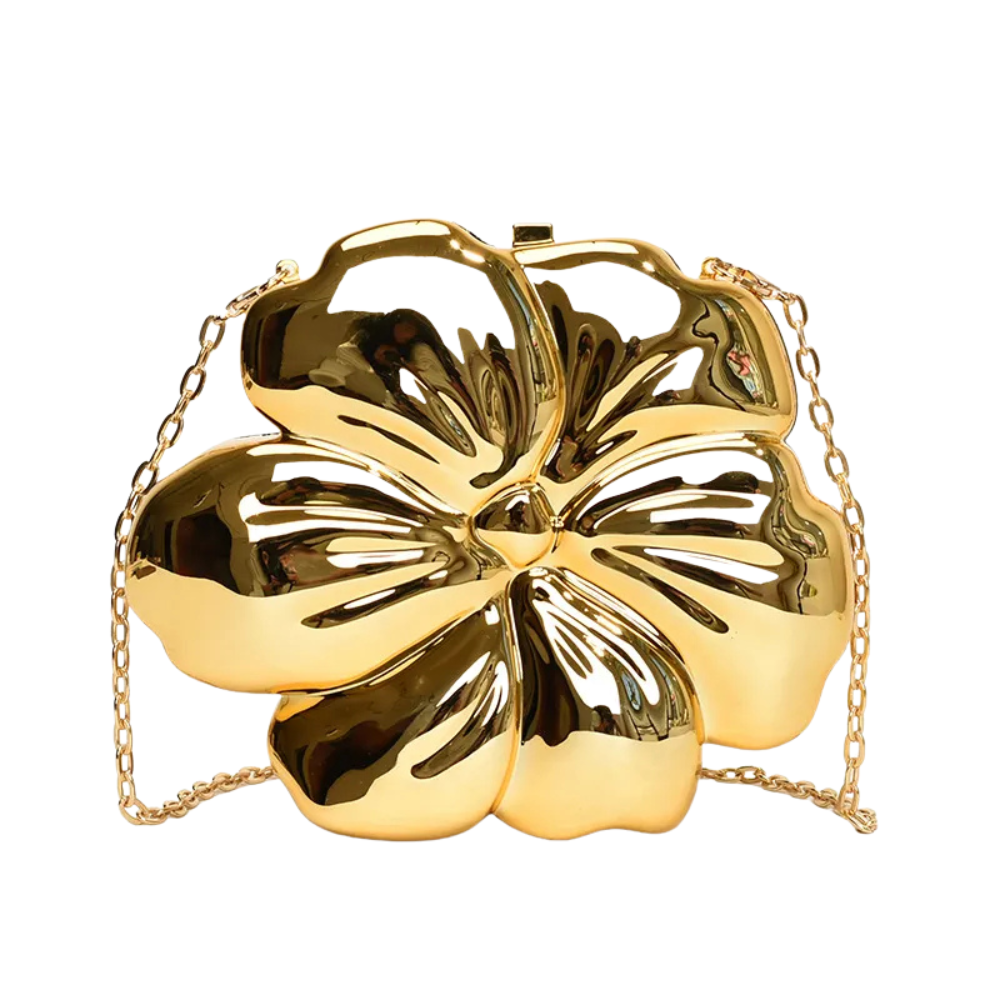 Flora Metallic Acrylic Clutch with Sculpted Petal Design and O-Chain Strap