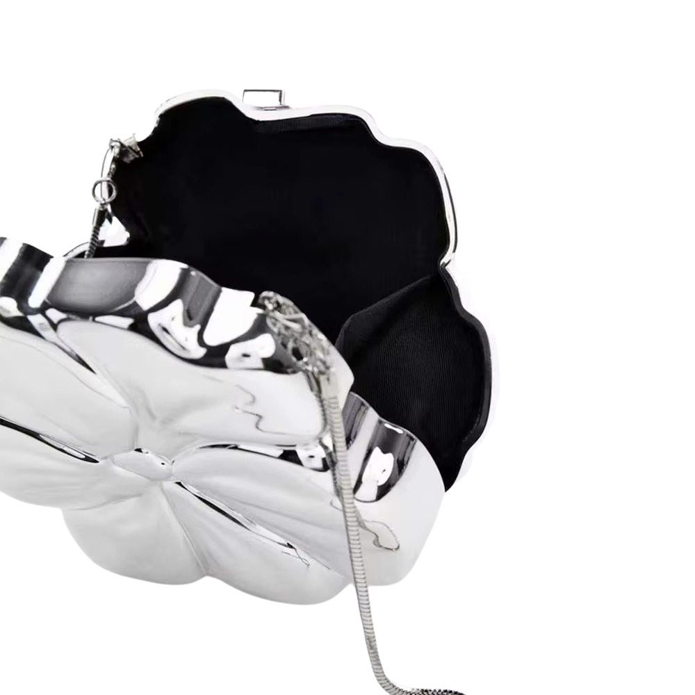 Flora Metallic Acrylic Clutch with Sculpted Petal Design and O-Chain Strap