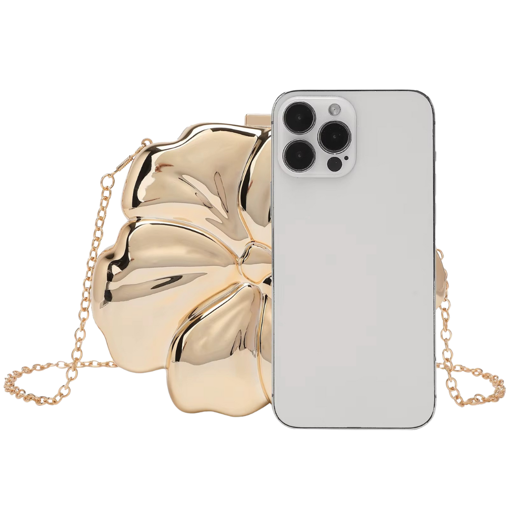 Flora Metallic Acrylic Clutch with Sculpted Petal Design and O-Chain Strap