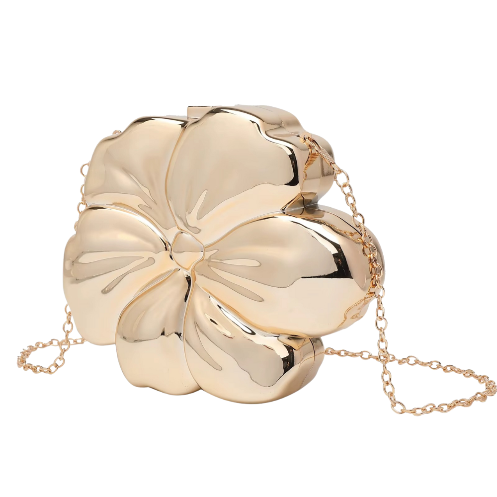 Flora Metallic Acrylic Clutch with Sculpted Petal Design and O-Chain Strap
