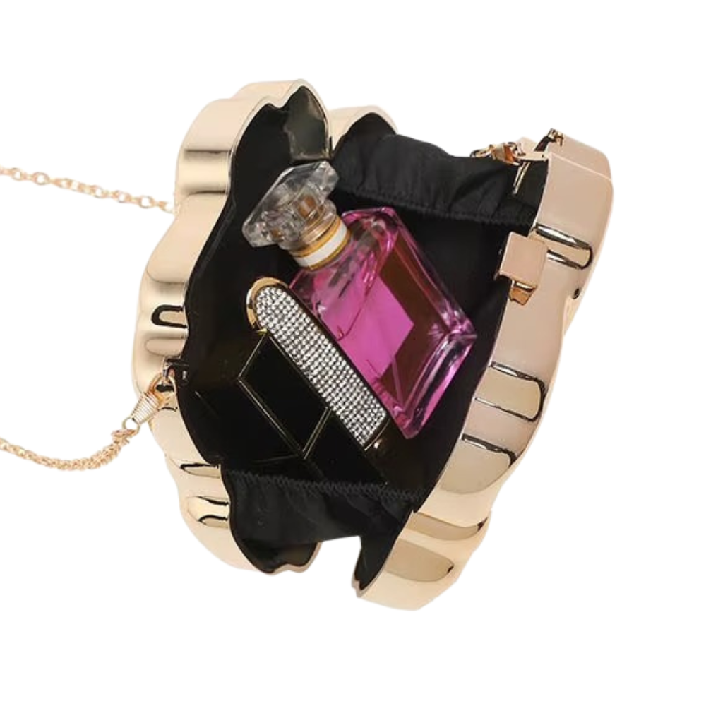 Flora Metallic Acrylic Clutch with Sculpted Petal Design and O-Chain Strap