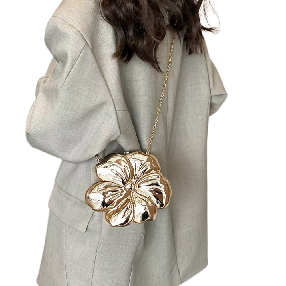 Flora Metallic Acrylic Clutch with Sculpted Petal Design and O-Chain Strap