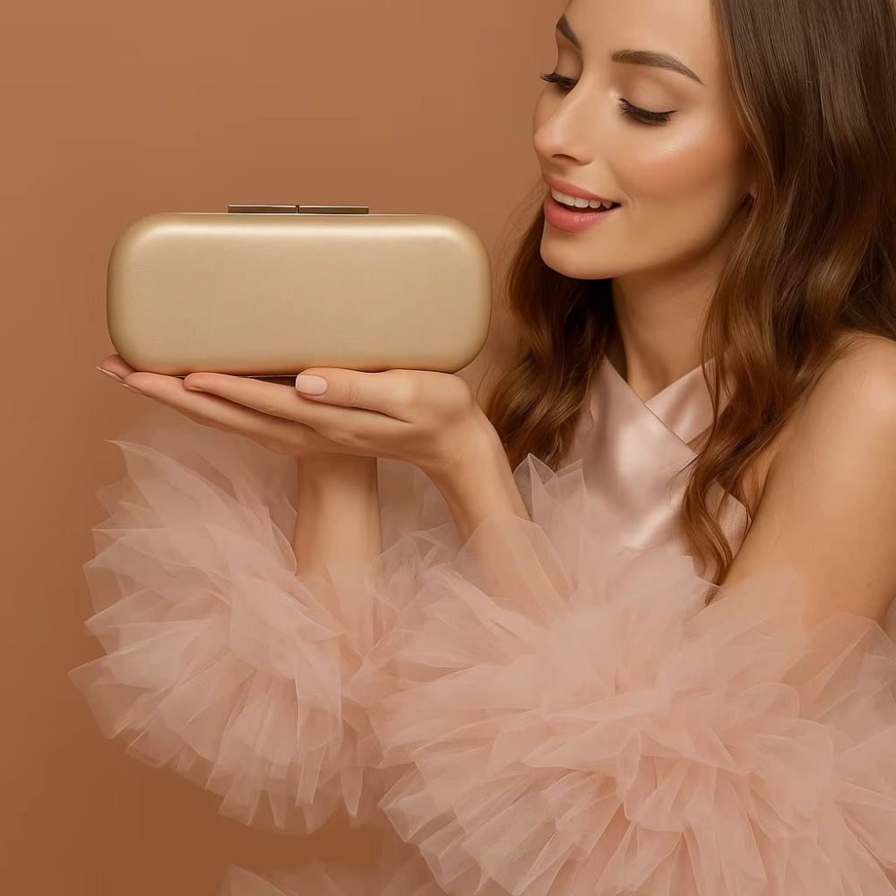 Elara Satin Gold Clutch with Sleek Metallic Frame