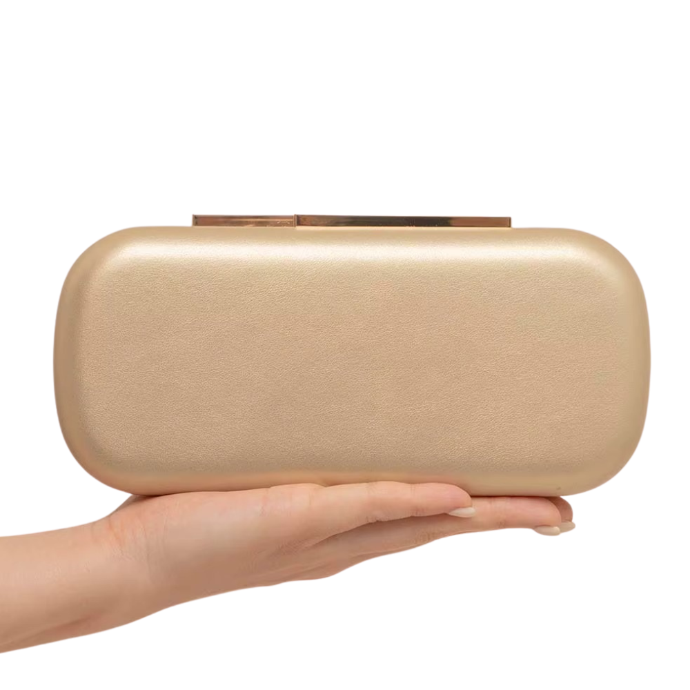 Elara Satin Gold Clutch with Sleek Metallic Frame