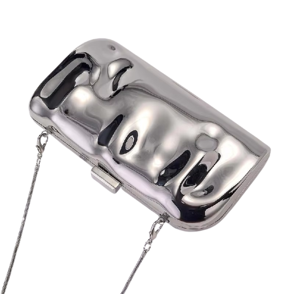 Lunar Mirror Clutch in Silver Acrylic with Snake Chain Strap