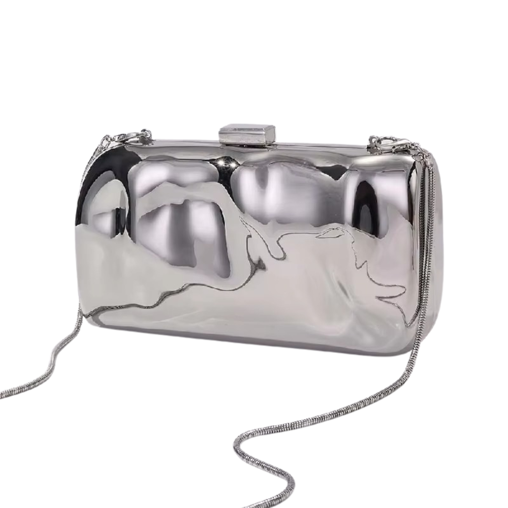 Lunar Mirror Clutch in Silver Acrylic with Snake Chain Strap