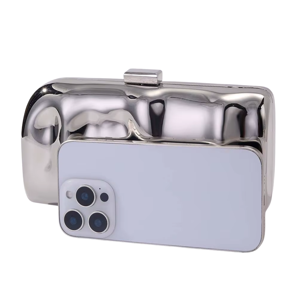 Lunar Mirror Clutch in Silver Acrylic with Snake Chain Strap