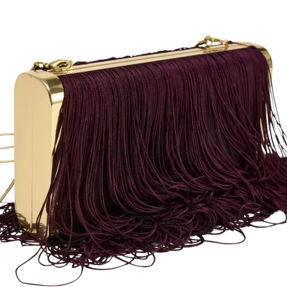 Fringed Burgundy Clutch with Gold Frame and Long Tassels
