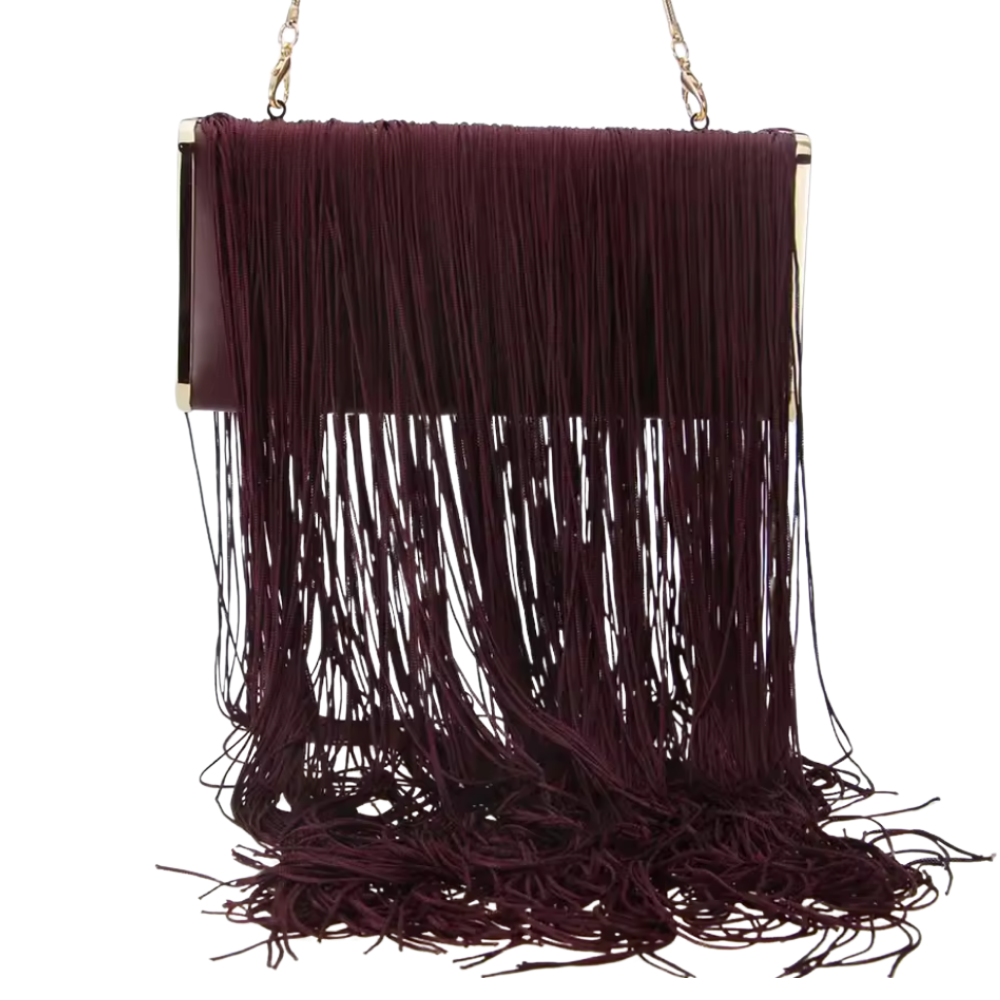 Fringed Burgundy Clutch with Gold Frame and Long Tassels