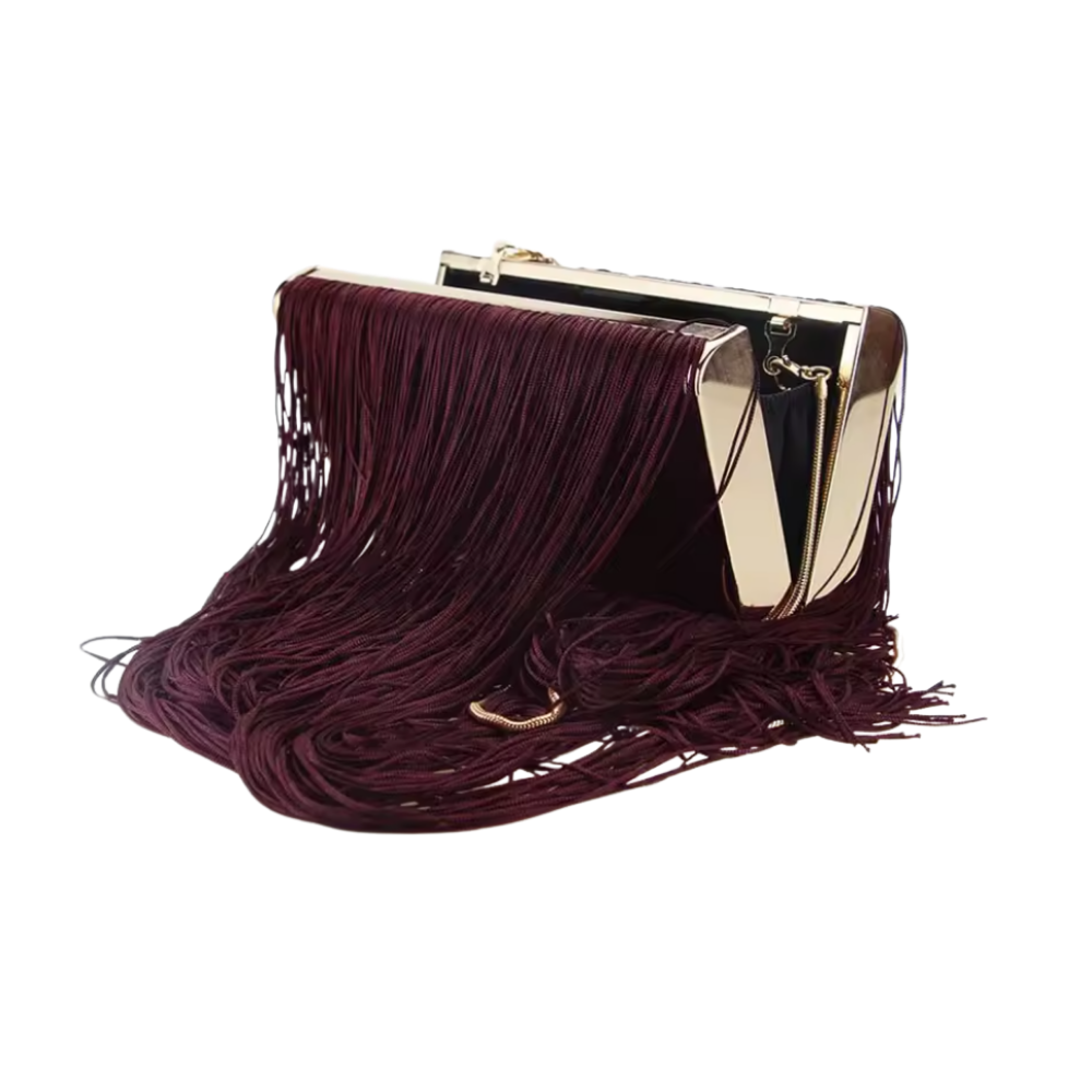 Fringed Burgundy Clutch with Gold Frame and Long Tassels
