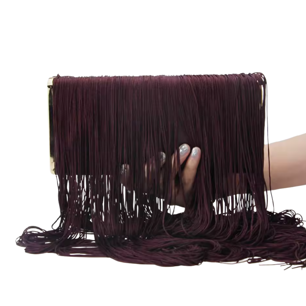 Fringed Burgundy Clutch with Gold Frame and Long Tassels
