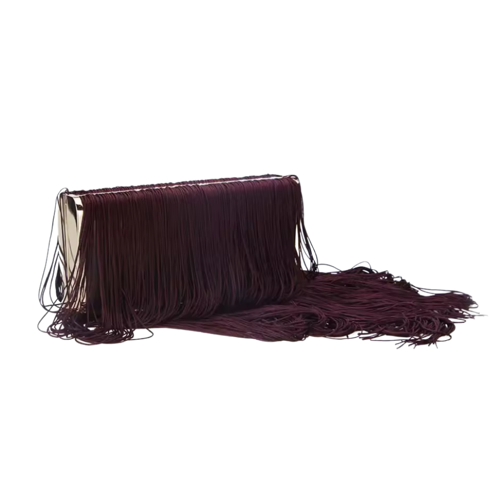 Fringed Burgundy Clutch with Gold Frame and Long Tassels
