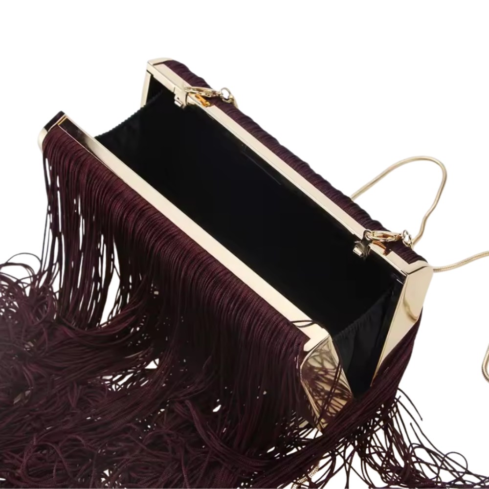 Fringed Burgundy Clutch with Gold Frame and Long Tassels