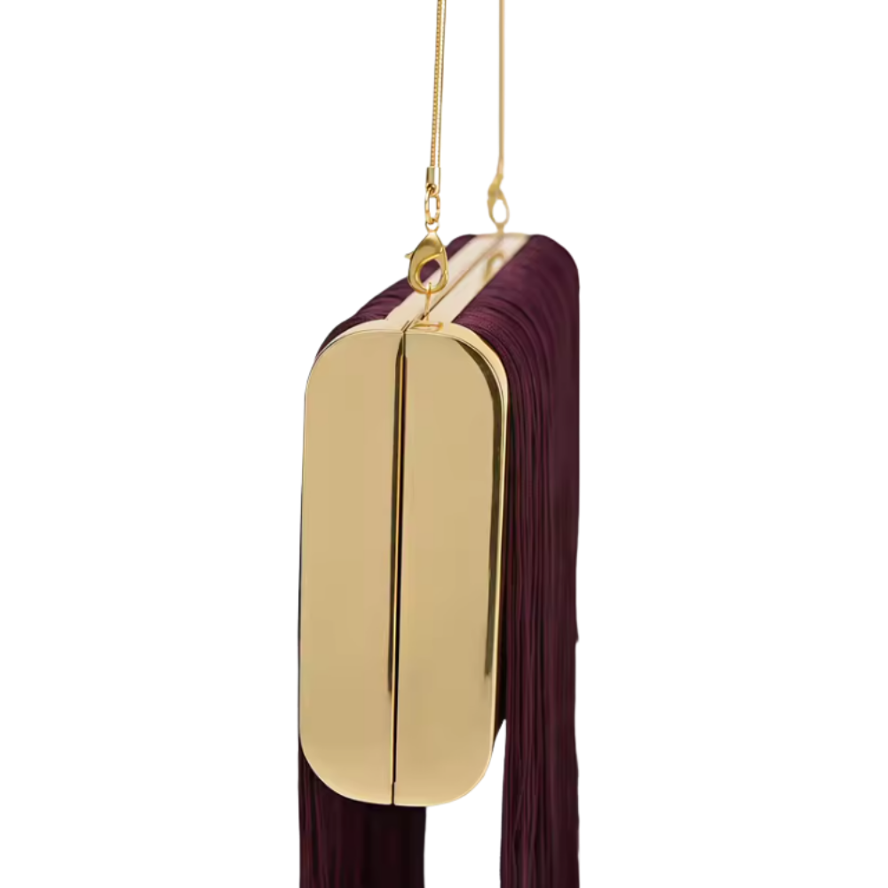 Fringed Burgundy Clutch with Gold Frame and Long Tassels