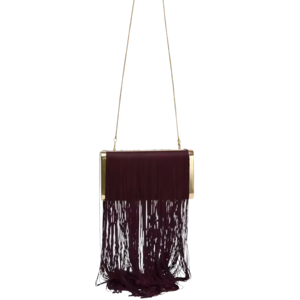 Fringed Burgundy Clutch with Gold Frame and Long Tassels