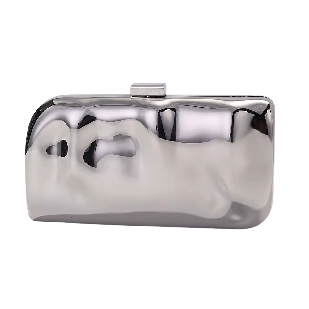 Lunar Mirror Clutch in Silver Acrylic with Snake Chain Strap