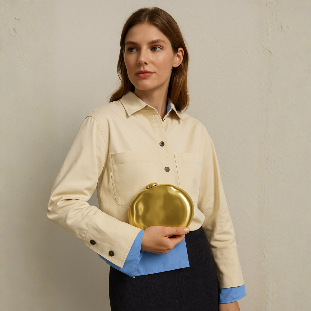 Meteor Gold Orb Clutch in Metallic Acrylic with O-Chain Strap