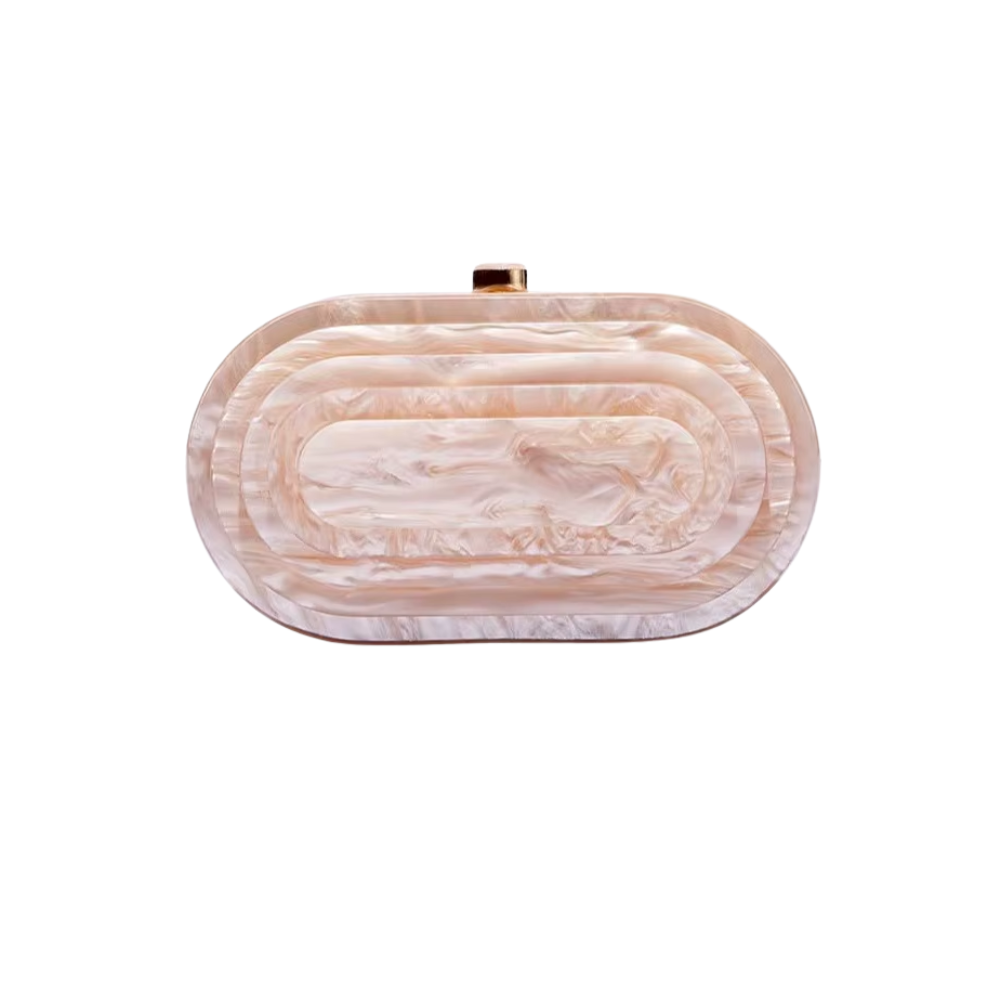Oval Acrylic Clutch with Marble Finish and Gold Chain