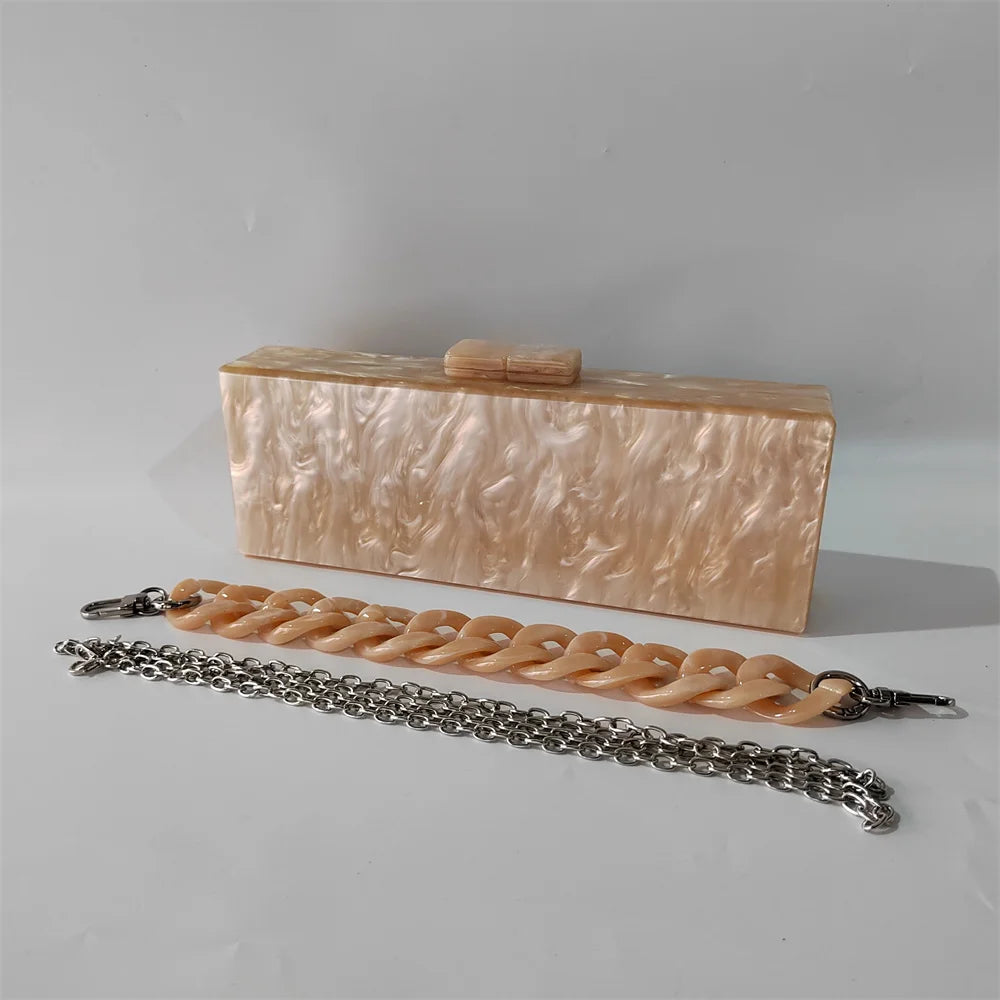 Pearl Sand Long Acrylic Shoulder Box Clutches Evening Female Flap Evening Handbags Brand New Wedding Party Girl Beach Purse Bags