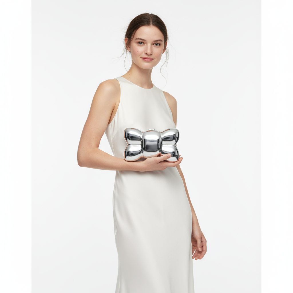 Aurora Bow Clutch in Gold or Silver Metallic Acrylic with O-Chain Strap