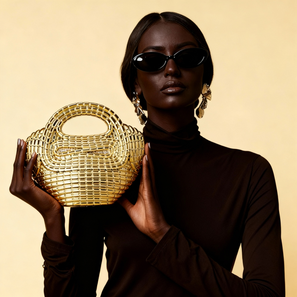 Oro Grid Metallic Acrylic Bag with Sculptural Weave Design and O-Chain Strap
